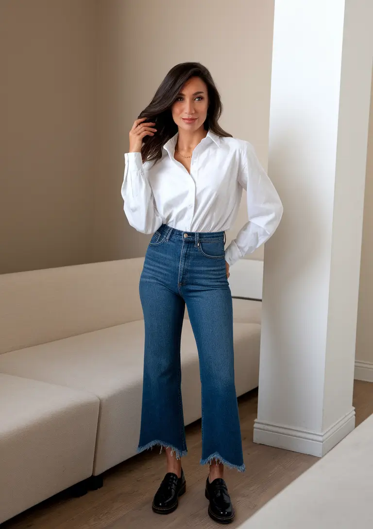 2025 Fall Casual Looks and Outfits Ideas Tailored White Shirt and Frayed Denim