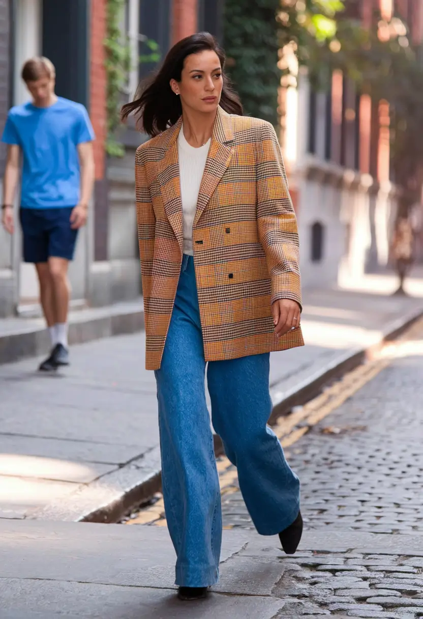 2025 Fall Casual Looks and Outfits Ideas Classic Checkered Blazer and Wide Denim for the Urban Wanderer