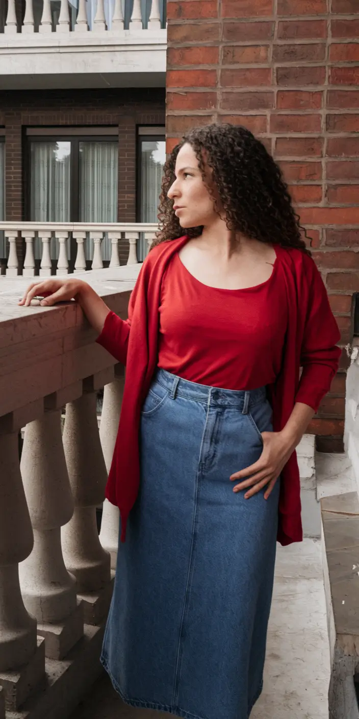casual autumn street style women Denim & Crimson: A Bold Everyday Uniform