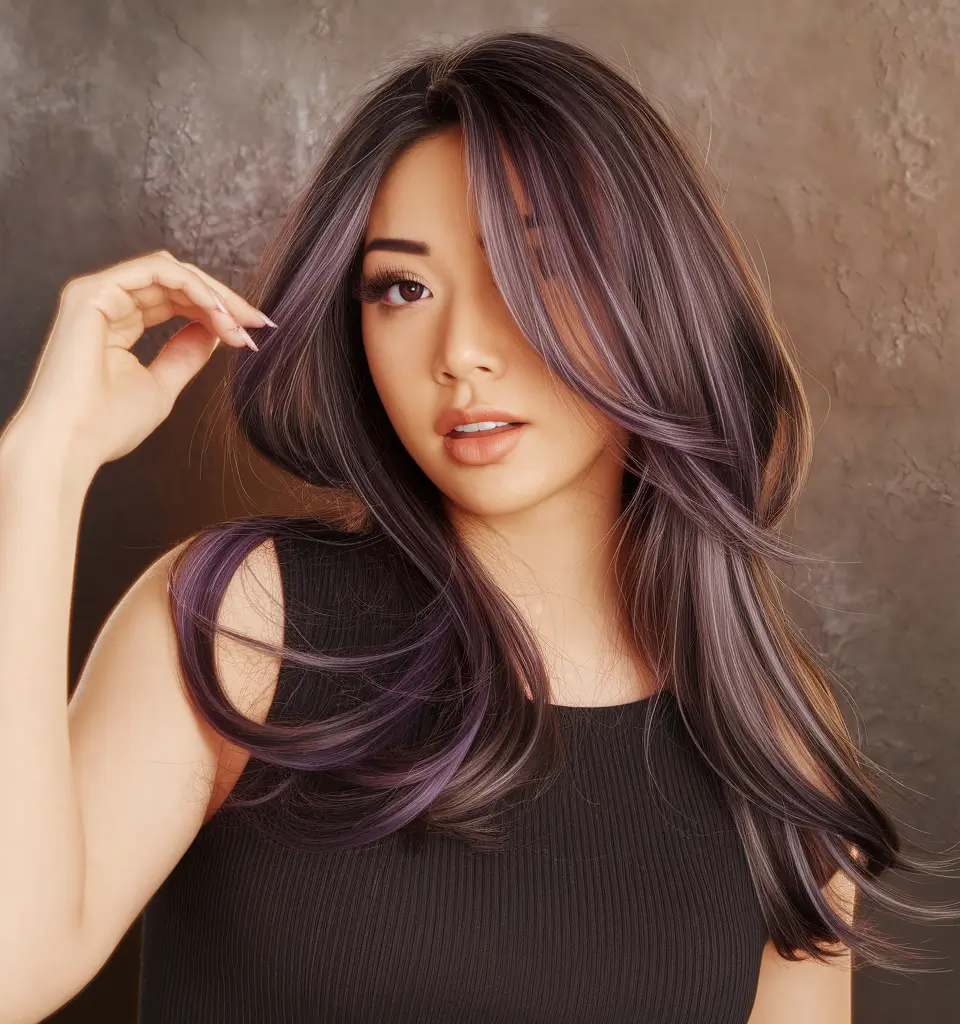 hair color for brown skin asian Muted Lilac Balayage with Layered Volume