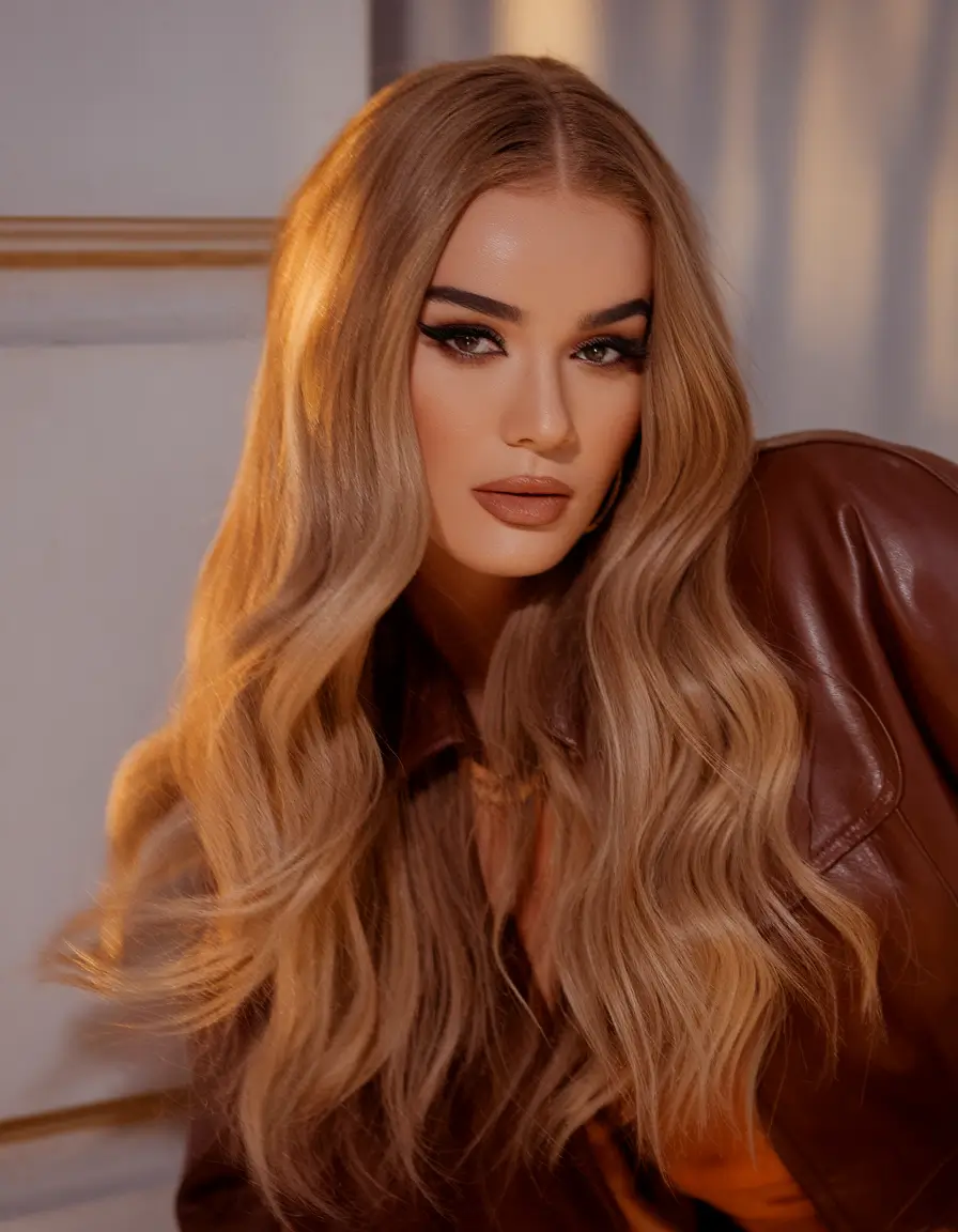 hair color for brown skin Golden Blonde Waves for a Warm Glow