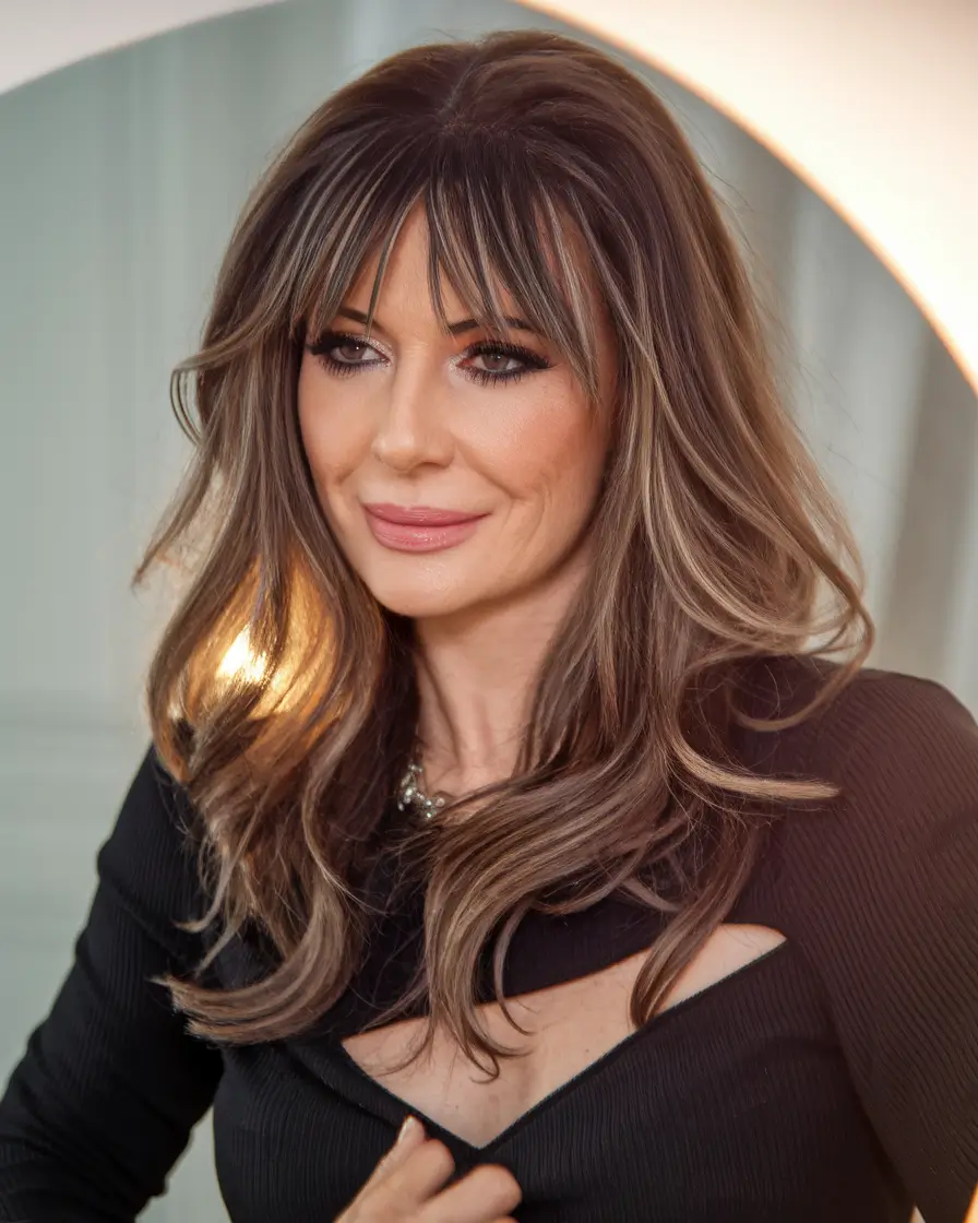 fall haircuts for women over 40 Face-Framing Layers with Feathered Bangs