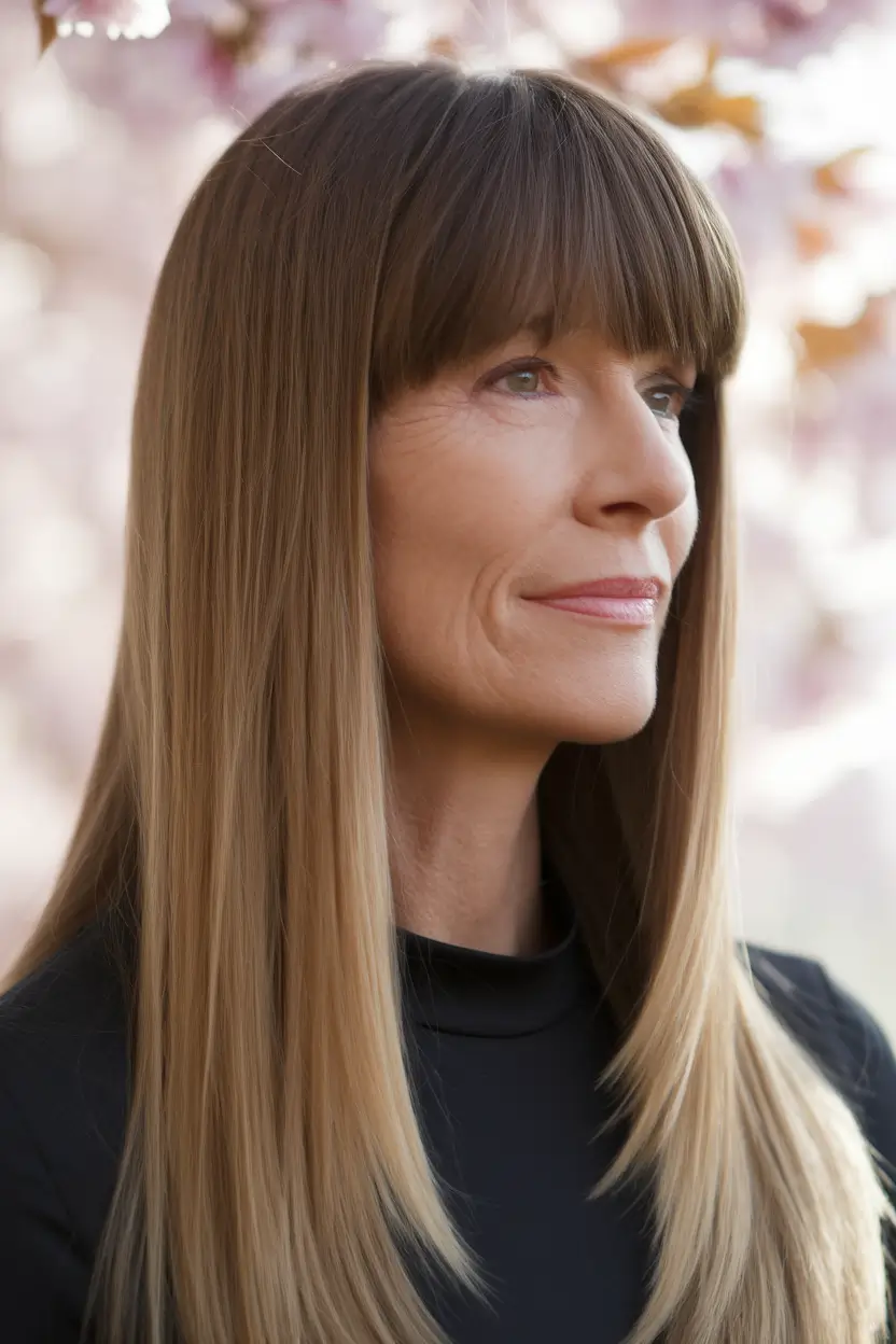 fall haircuts for women over 40 Ultra Sleek Blonde with Full Bangs