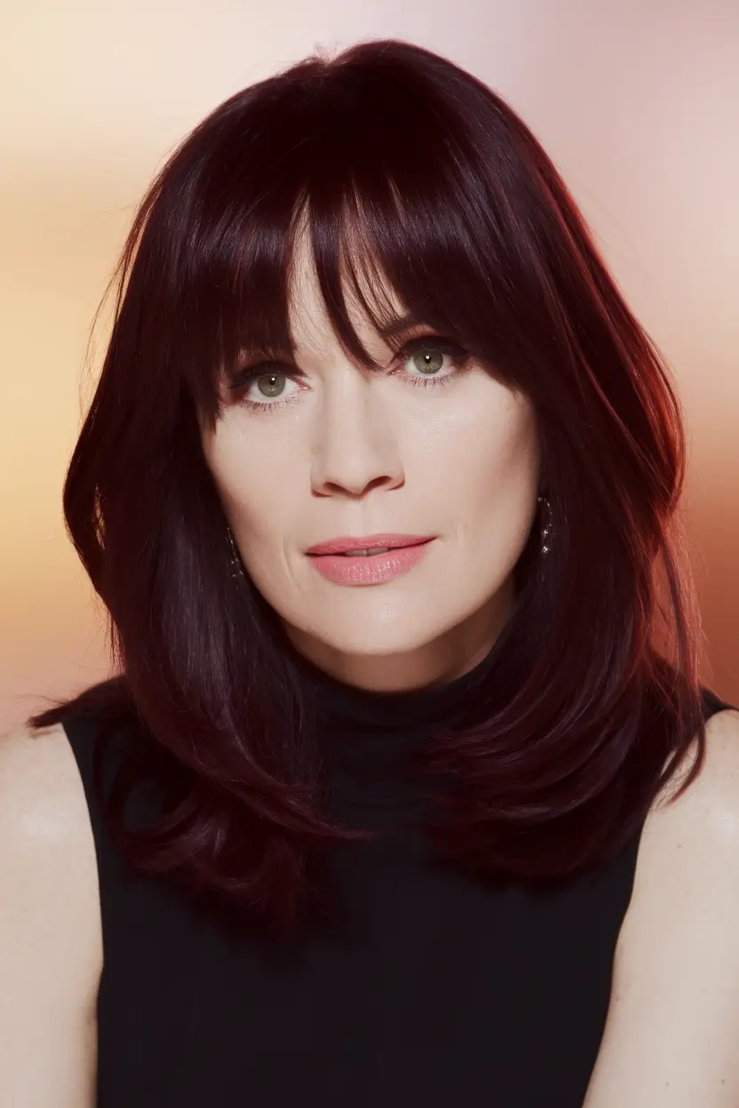 fall haircuts for women over 40 Berry-Toned Lob with Curtain Bangs