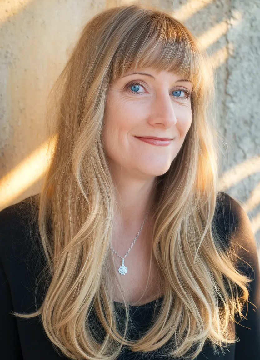 fall haircuts for women over 40 Natural-Looking Long Hair with Blunt Bangs