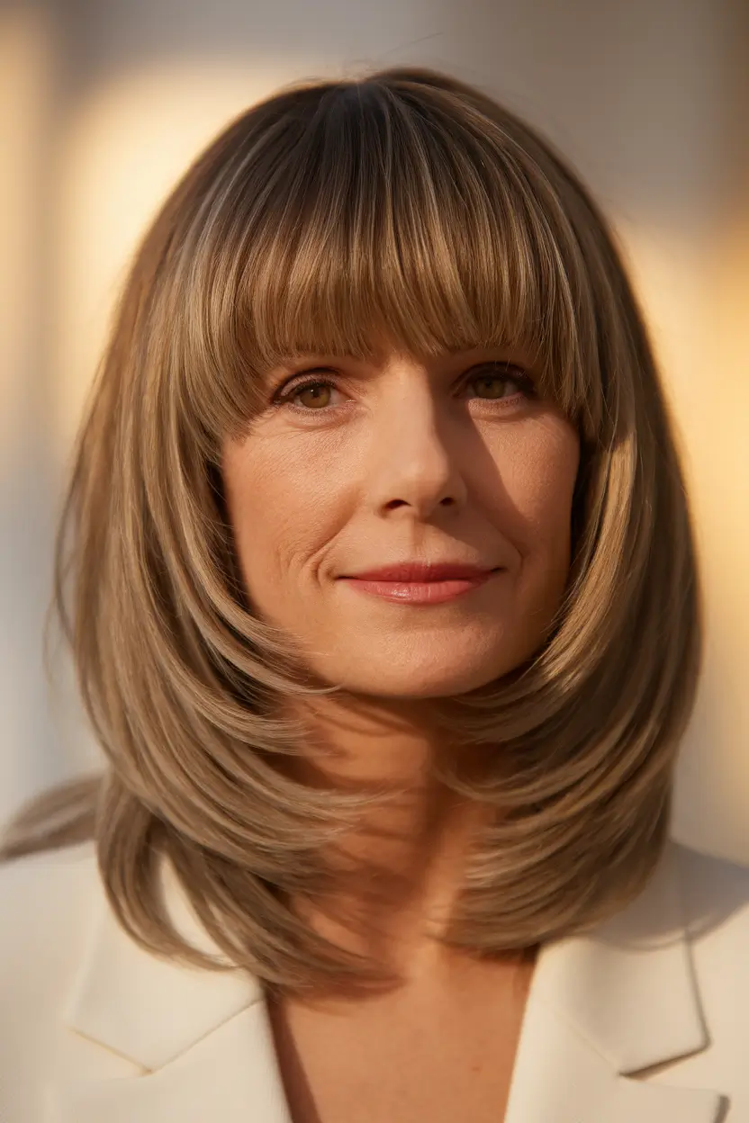 fall haircuts for women over 40 Layered Volume with a Full Fringe