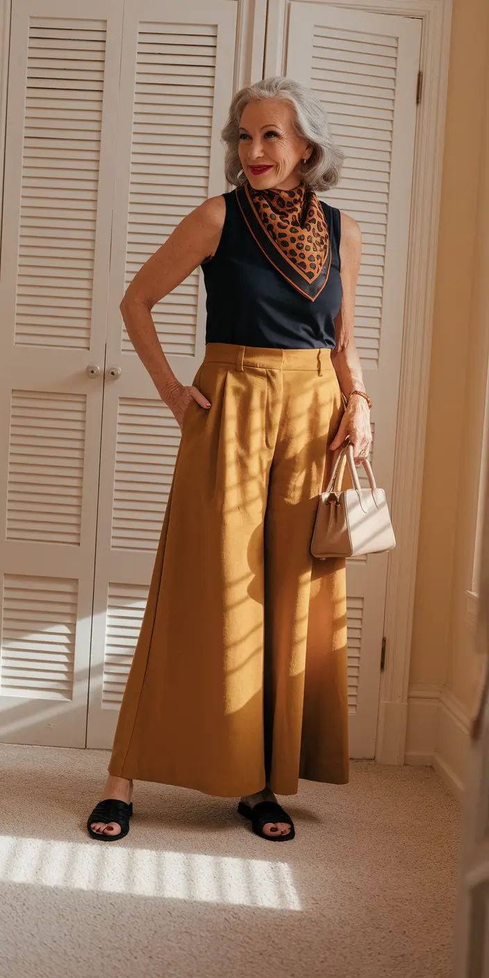 2025 fall outfits inspiration for women over 60 Chic Contrast With Wide-Leg Mustard Trousers