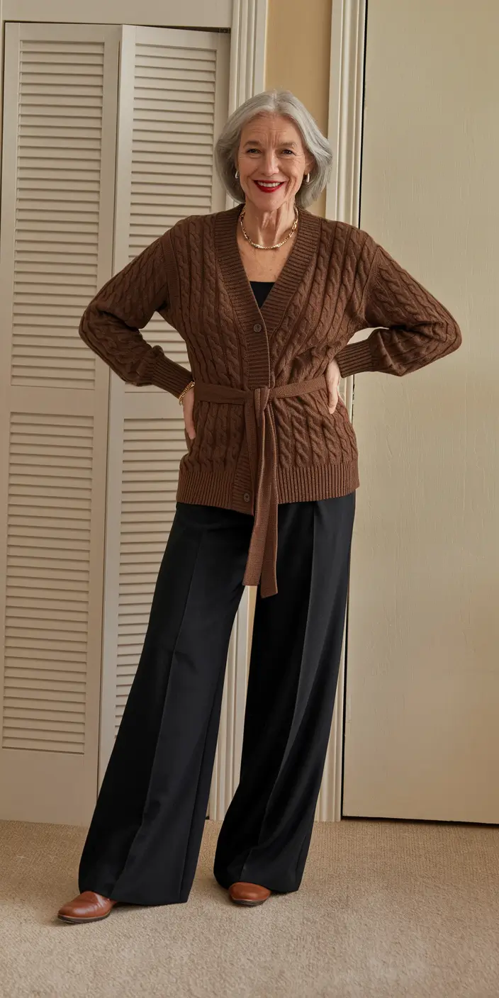 2025 fall outfits inspiration for women over 60 Cozy Knits Meet Tailored Black Pants