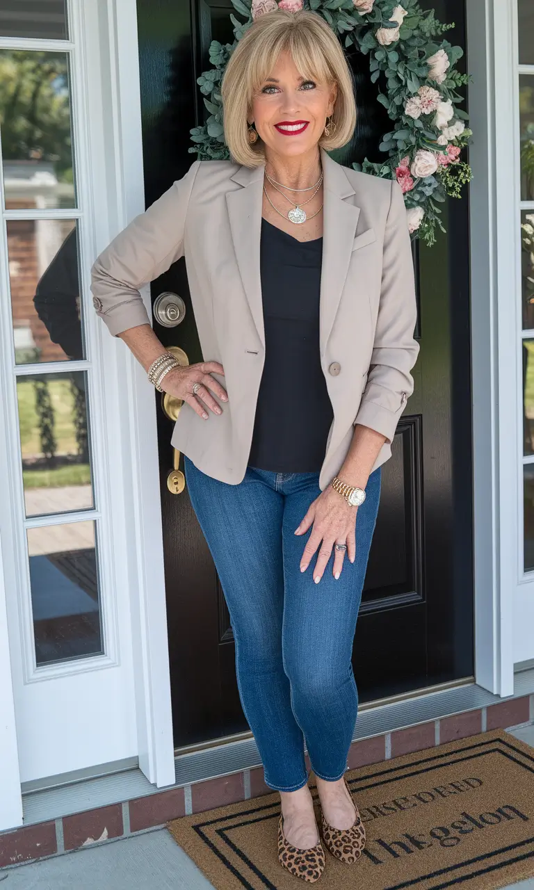 2025 fall outfits inspiration for women over 60 Denim and Blazer Perfection With Leopard Flats