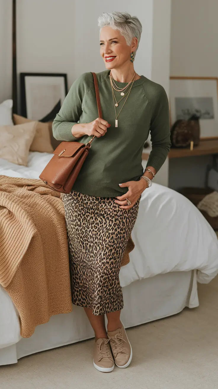 cute fall outfits for women over 60 Leopard Skirt Meets Olive Ease