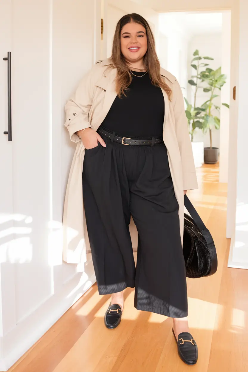 plus size fall fashion Monochrome Mastery With a Trench Twist