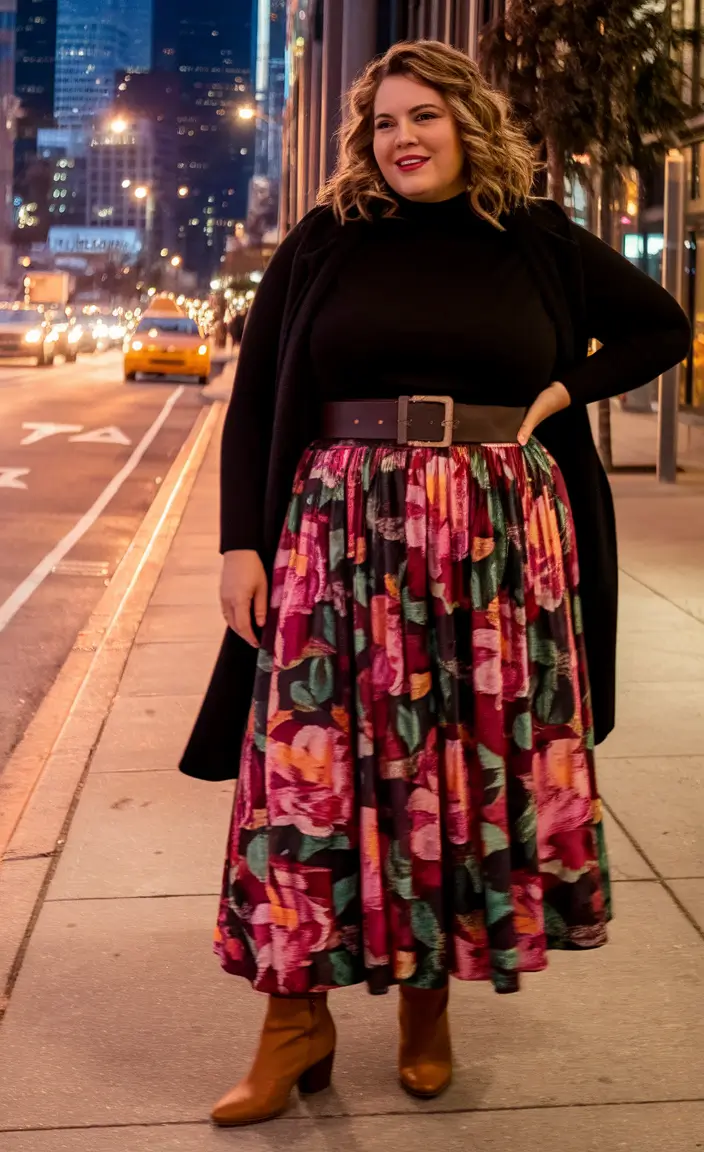plus size fall fashion Bold Florals and Big Skirt Energy