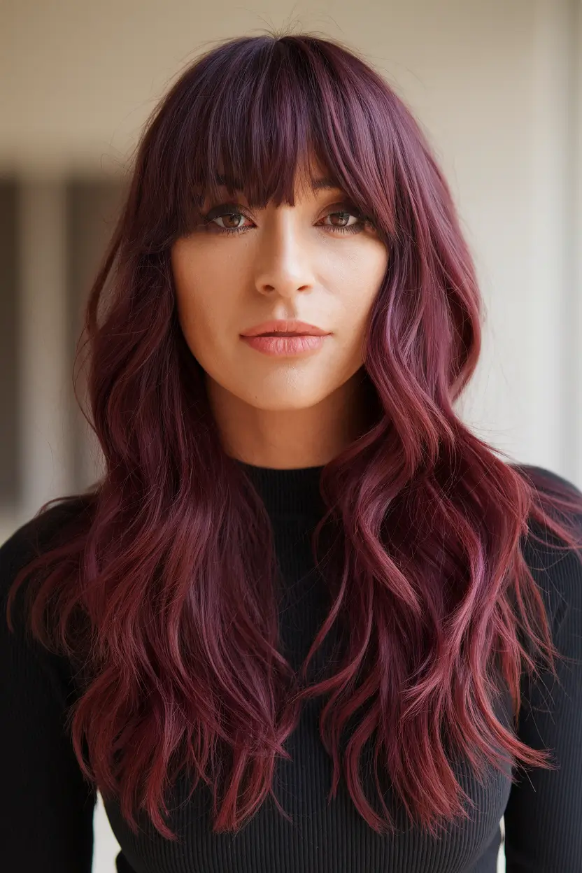 Autumn Burgundy Hair Color Trends for Fall 2025+Soft Waves with Blunt Bangs for a Vintage Mood