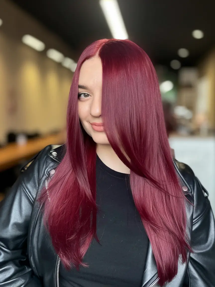 Autumn Burgundy Hair Color Trends for Fall 2025+High-Shine Burgundy with Bold Center Part