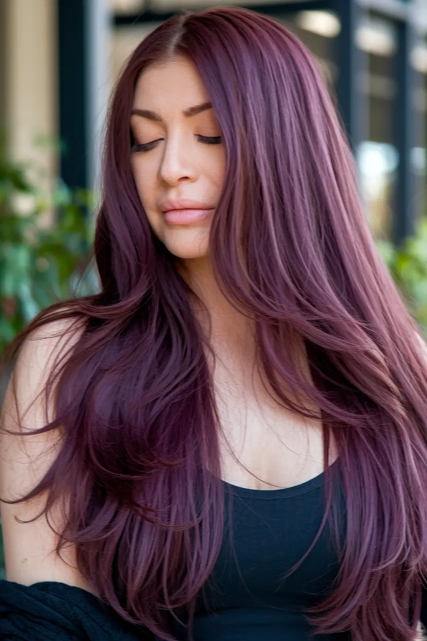 Autumn Burgundy Hair Color Trends for Fall 2025+Velvety Plum Burgundy with Airy Movement