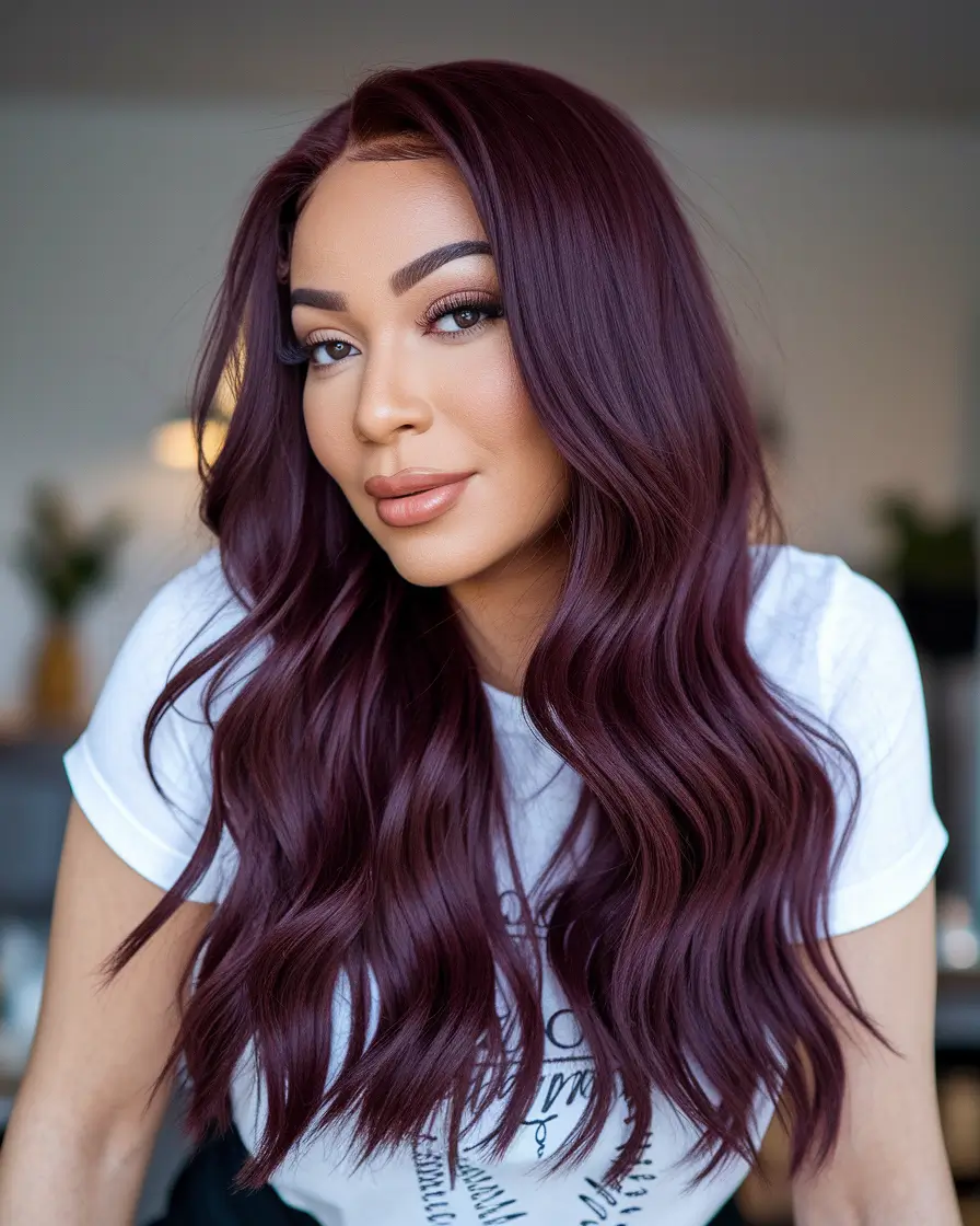 Autumn Burgundy Hair Color Trends for Fall 2025+Rich Burgundy Waves on Warm Skin