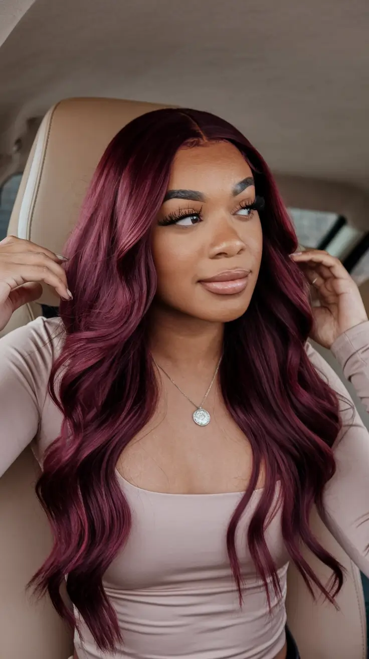 Autumn Burgundy Hair Color Trends for Fall 2025+Cherry Toned Burgundy for Classic Glam