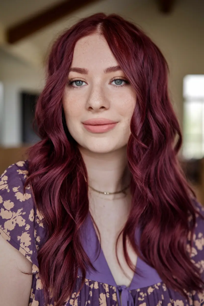 Autumn Burgundy Hair Color Trends for Fall 2025+Dimensional Waves in Mulberry Wine