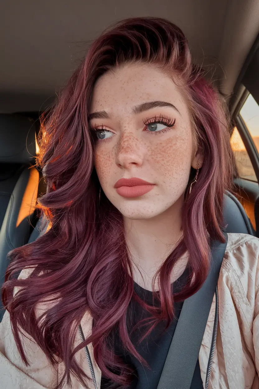 Autumn Burgundy Hair Color Trends for Fall 2025+Side-Swept Bombshell Curls in Berry Wine