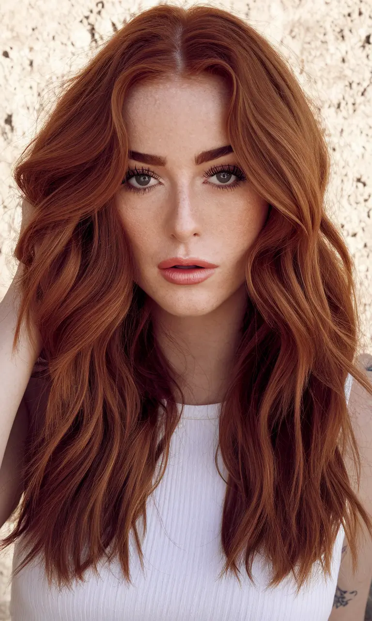 Autumn Burgundy Hair Color Trends for Fall 2025+Soft Cinnamon Burgundy with Voluminous Layers