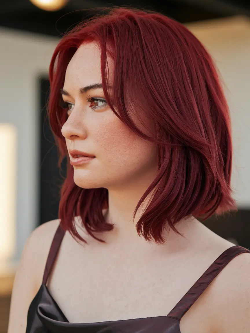 Autumn Burgundy Hair Color Trends for Fall 2025+Chic Burgundy Bob with Curtain Bangs