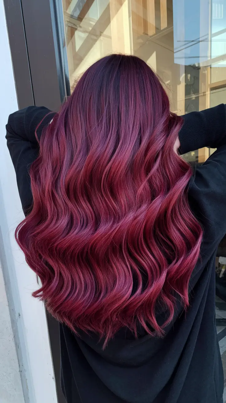 Autumn Burgundy Hair Color Trends for Fall 2025+Deep Burgundy Balayage with Glossy Merlot Finish