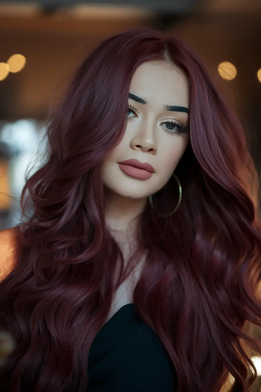 Autumn Burgundy Hair Color Trends for Fall 2025+Deep Wine Burgundy with Soft Glam Volume