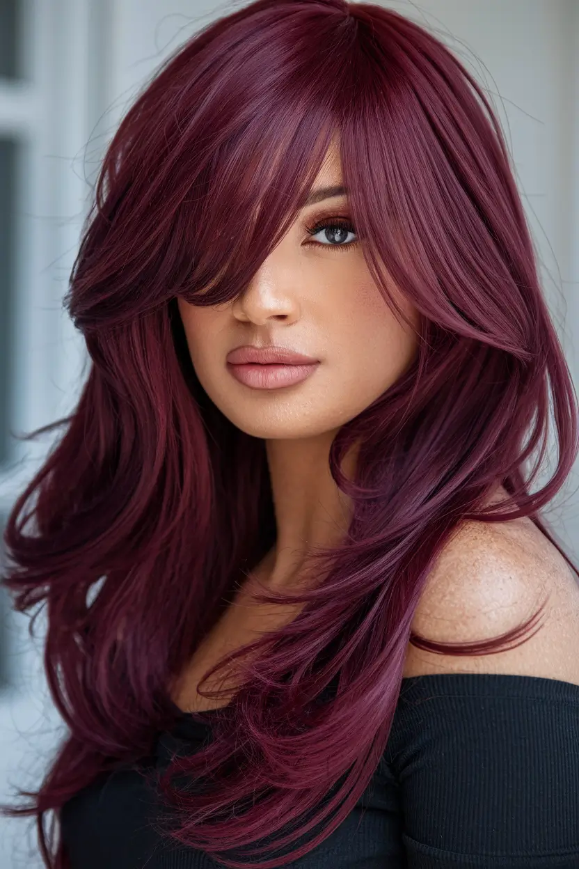 Autumn Burgundy Hair Color Trends for Fall 2025+Feathered Burgundy Layers with Eye-Grazing Fringe