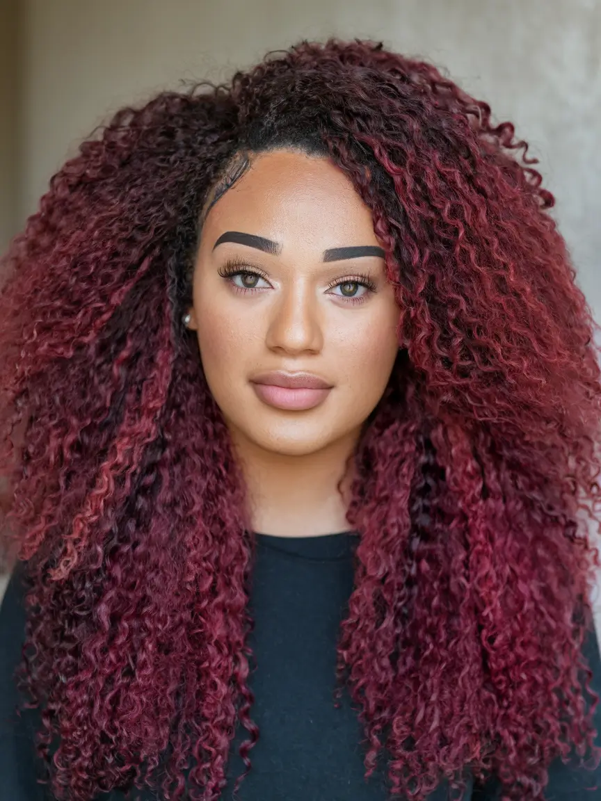 Autumn Burgundy Hair Color Trends for Fall 2025+Curly Burgundy Layers with Natural Volume