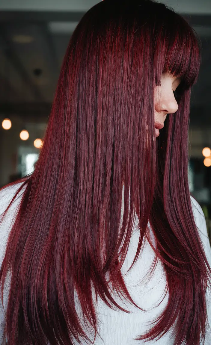 Autumn Burgundy Hair Color Trends for Fall 2025+Glass-Straight Burgundy with Full Fringe