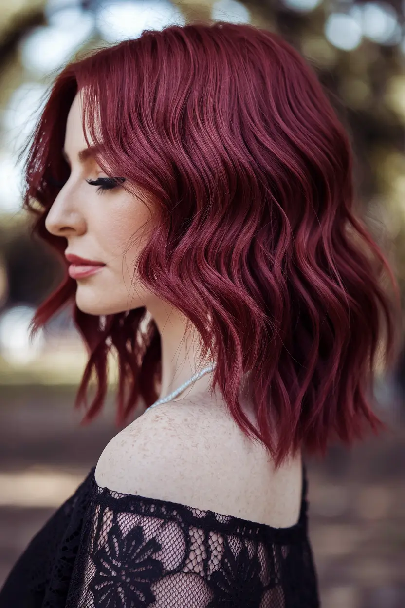 Autumn Burgundy Hair Color Trends for Fall 2025+Chin-Grazing Burgundy Waves with Lace Detail