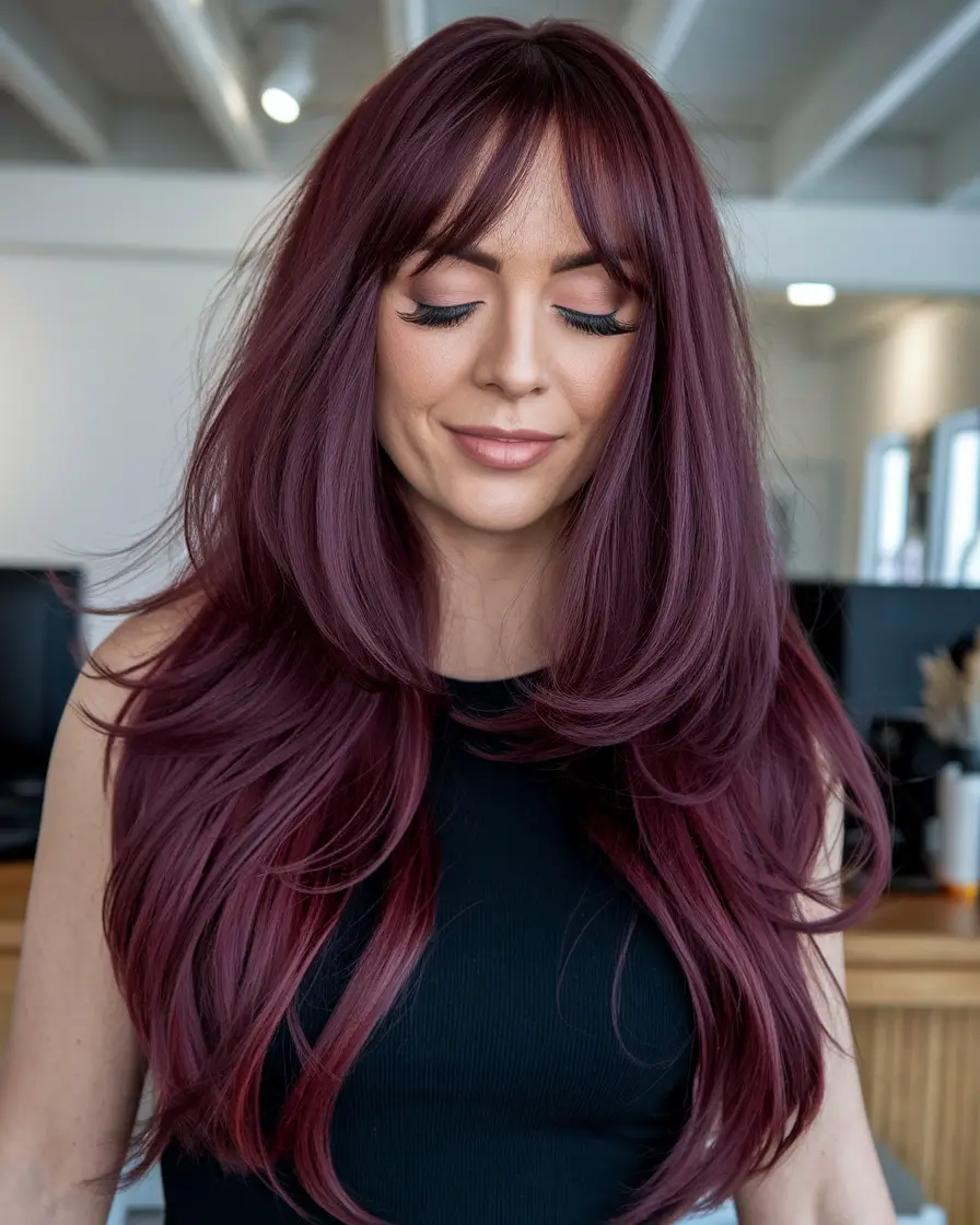 Autumn Burgundy Hair Color Trends for Fall 2025+Textured Burgundy Layers with Soft Curtain Bangs