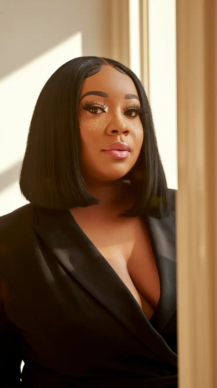 plus size black women haircuts Polished Chin-Length Bob with Center Part