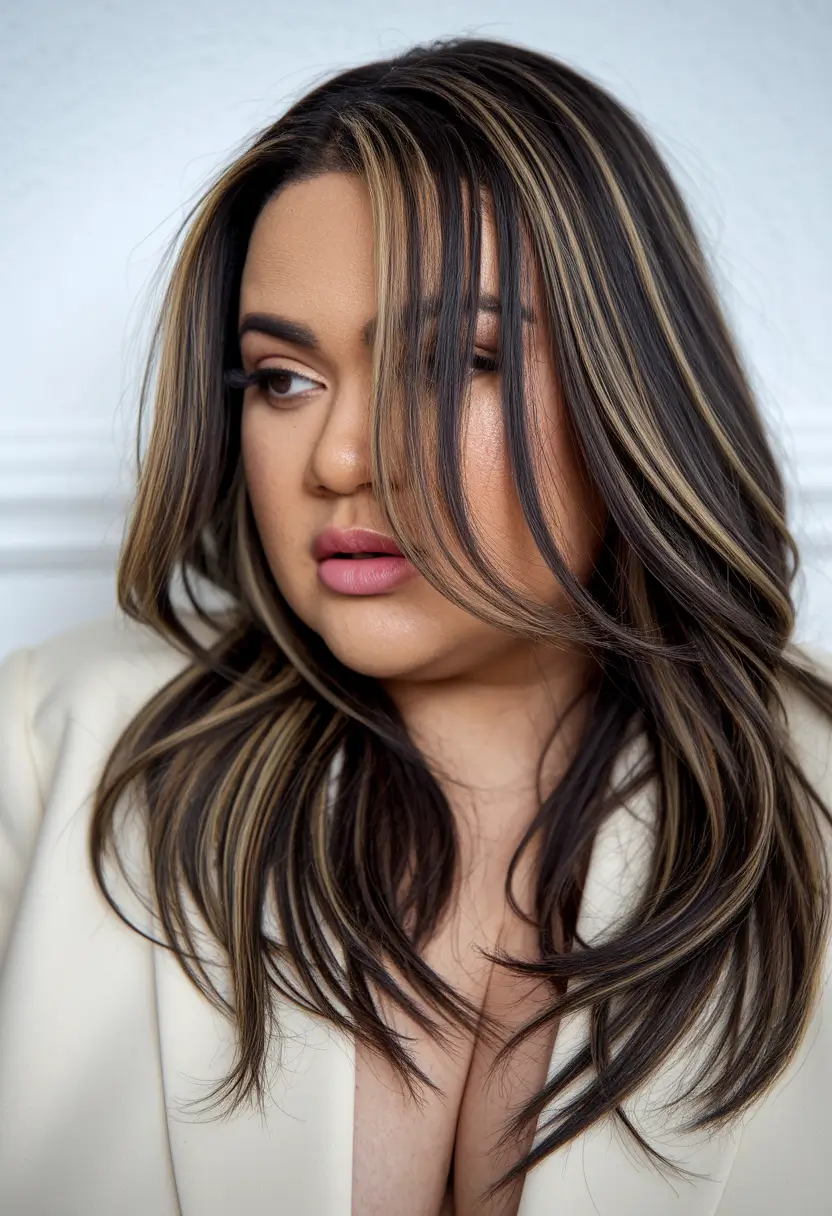 round face haircuts plus size women Dark Chocolate Layers with Money Piece