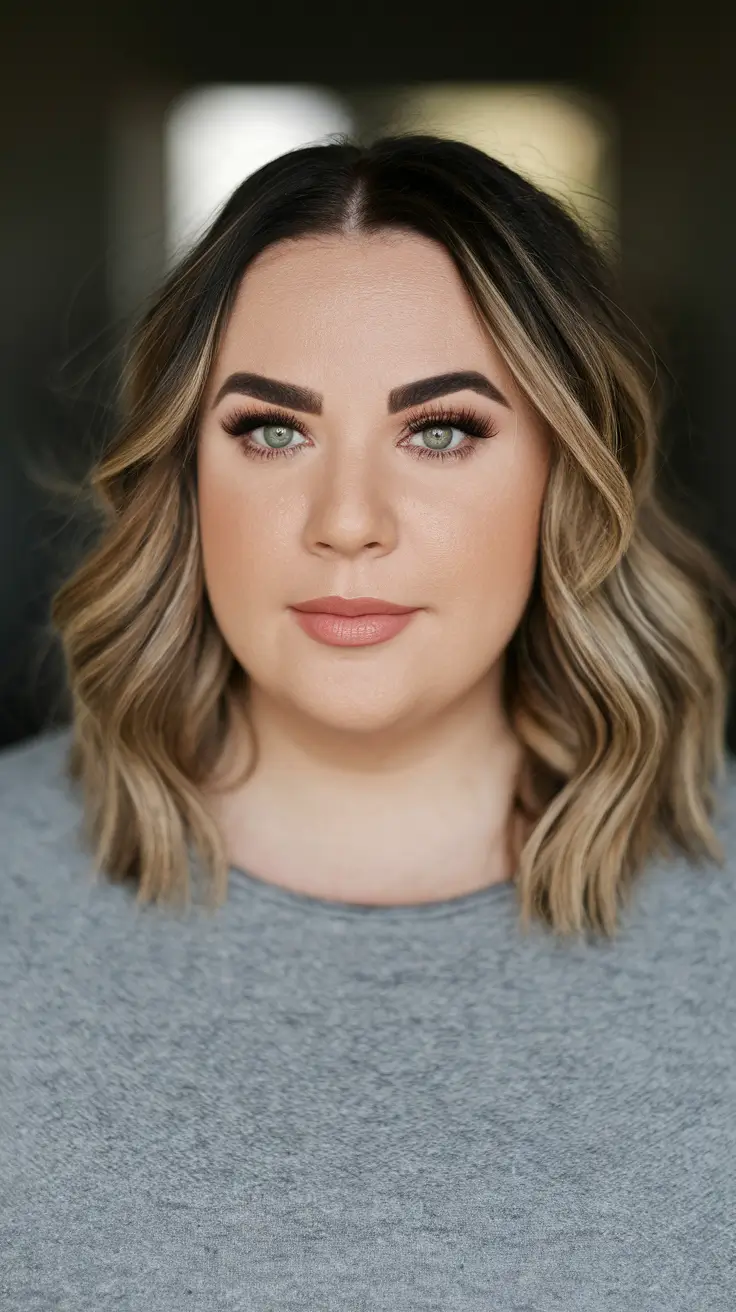 medium haircuts for women plus size Wavy Lob with Subtle Balayage