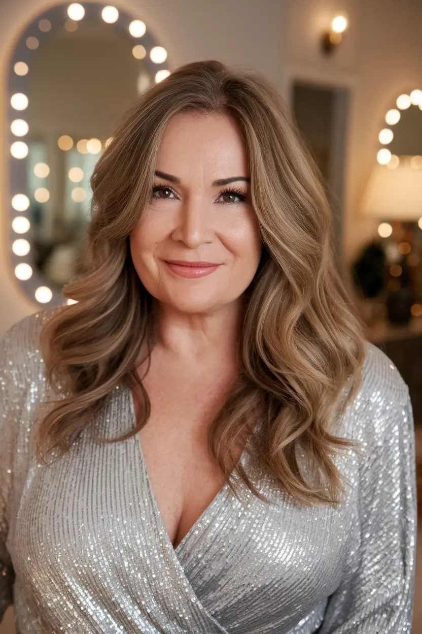 haircuts women over 50 thick hair Party-Ready Soft Waves with Golden Tones