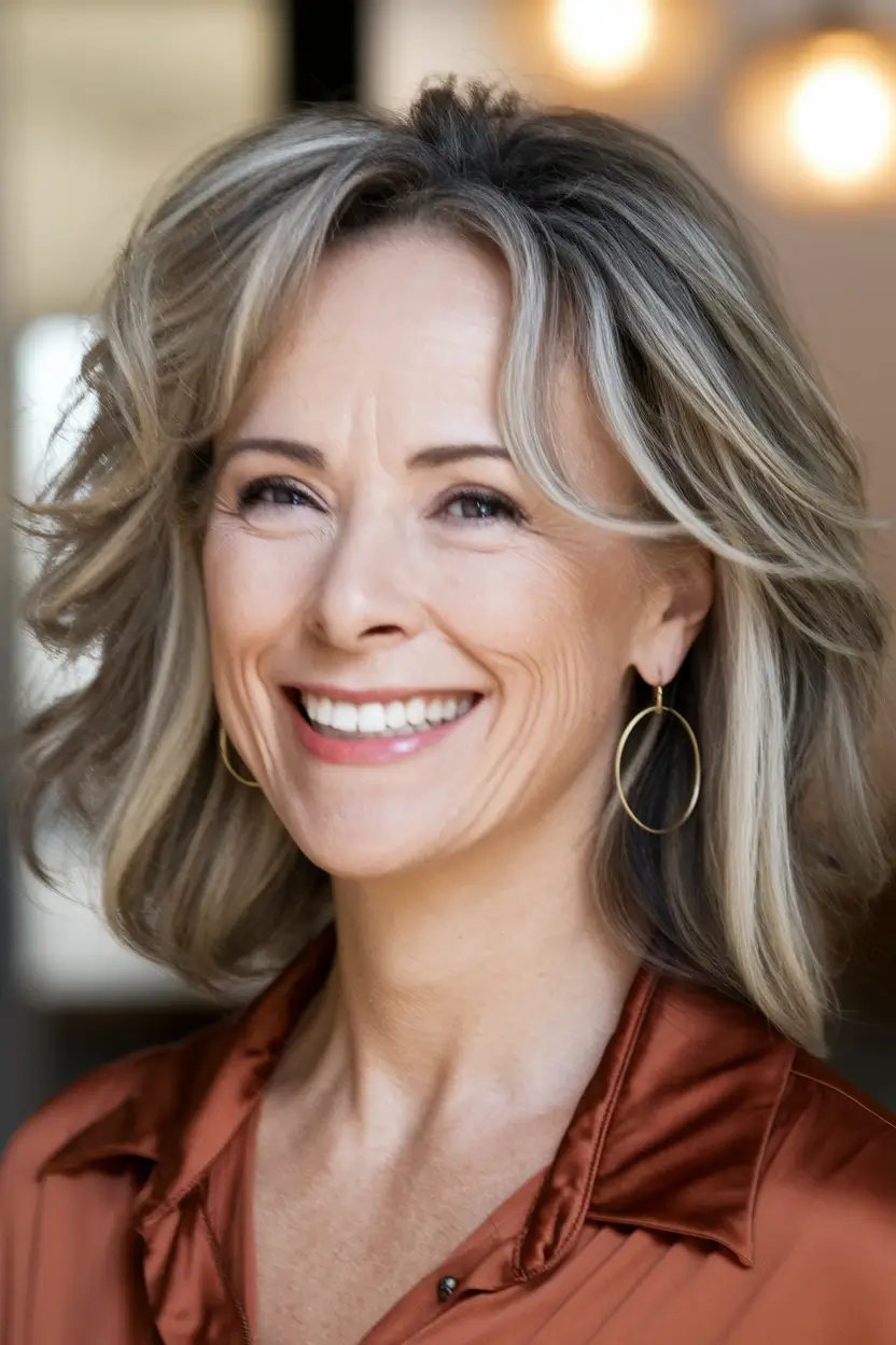 haircuts women over 50 with glasses Effortless Shoulder-Length Flick with Dimensional Highlights