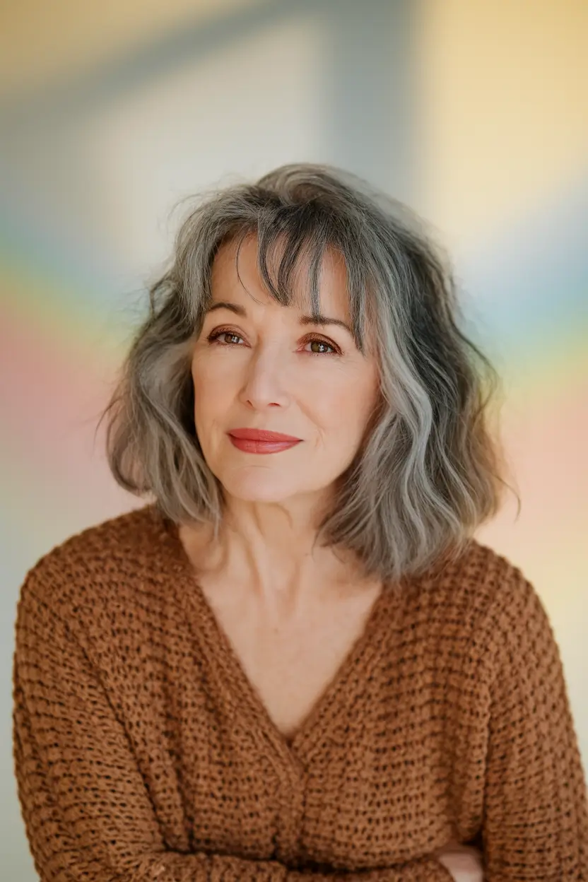 haircuts women over 50 with bangs Shaggy Silver with French-Girl Bangs
