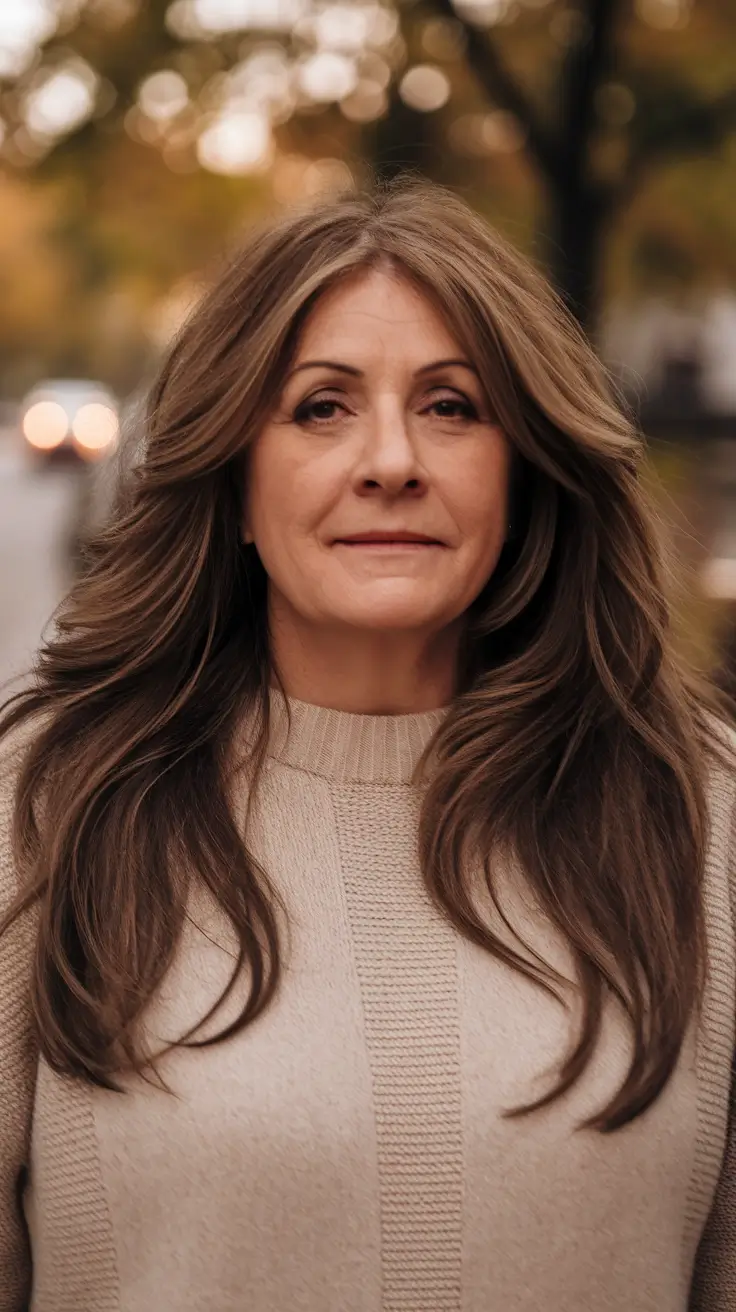 haircuts women over 50 long Layered Long Flow with Curtain Bangs