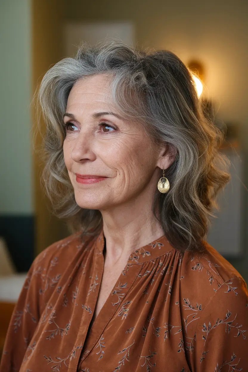 haircuts women over 50 curly Soft Shag with Silver Texture