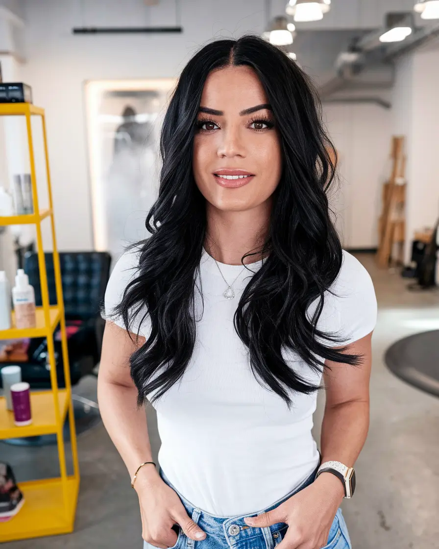 fall hair colors for cool skin tones Glossy Jet Black Waves with Soft Curl