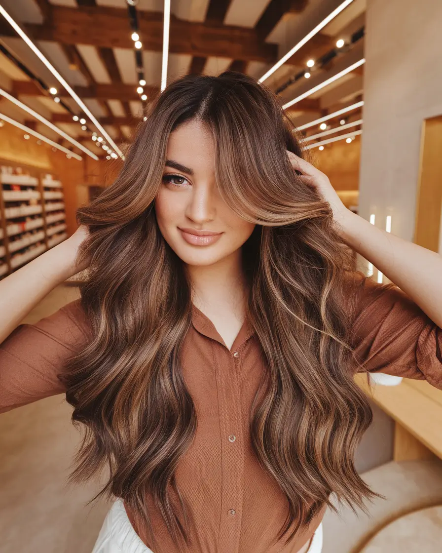 fall hair colors for cool skin tones Soft Cocoa Balayage with Curtain Bangs