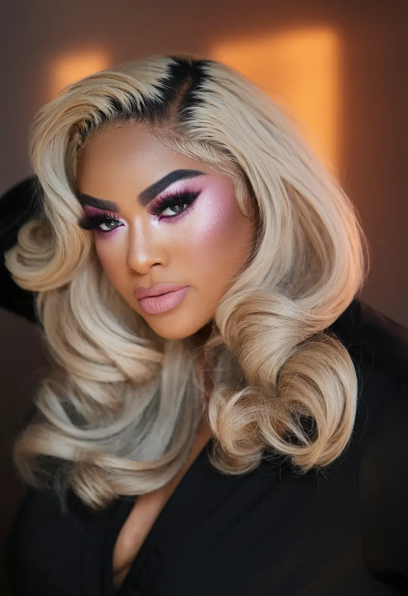 round face haircuts long Voluminous Retro Blonde Glam