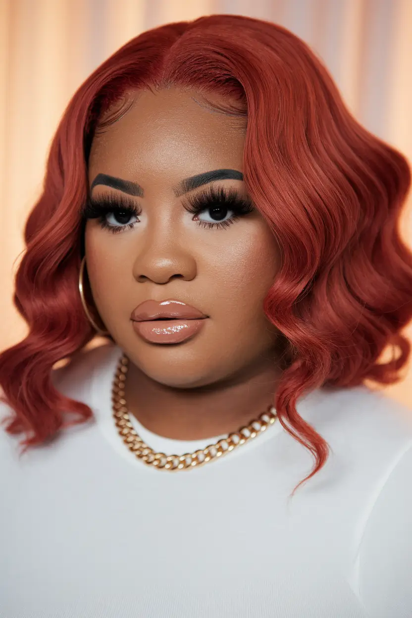 round face haircuts medium Bold Red Waves with Middle Part