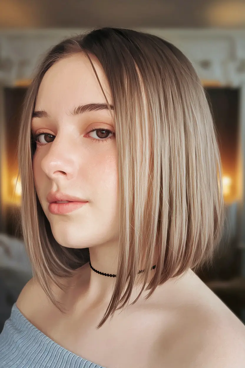 round face haircuts medium straight Beige Blonde Blunt Bob with Face Frame