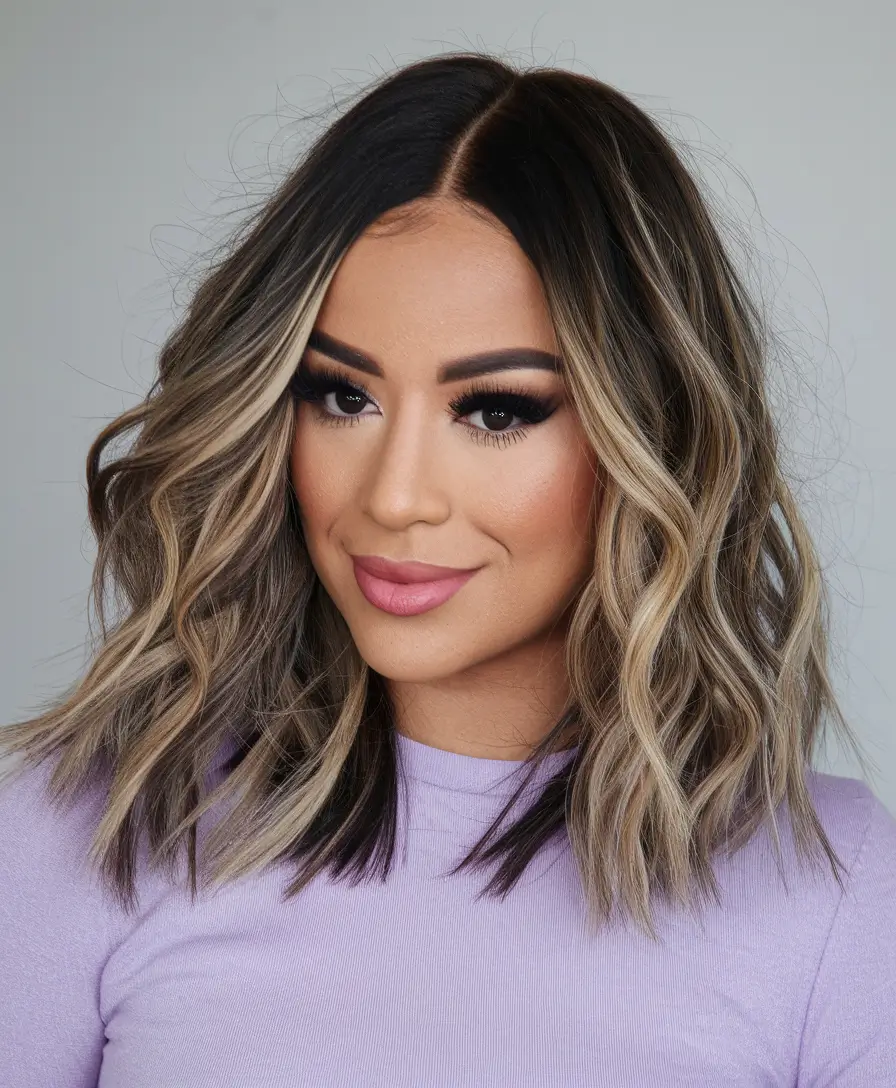 round face haircuts short layers+Modern Balayage Lob with Center Part