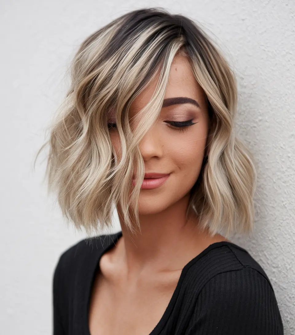 short wavy hair+Rooted Champagne Waves with Asymmetry
