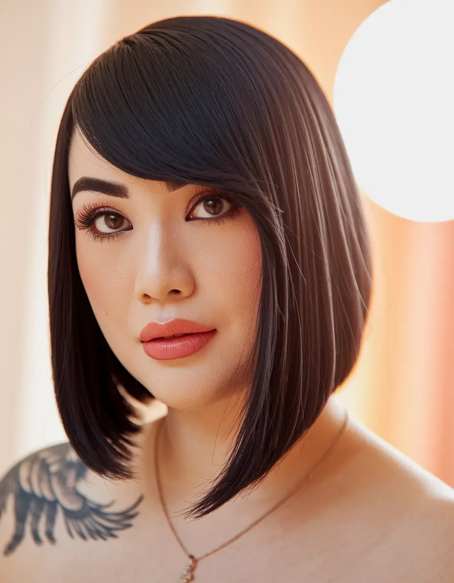 round face haircuts short Sculpted Angled Bob with Long Fringe