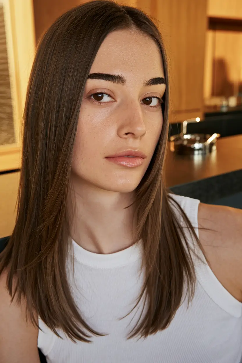 round face haircuts medium straight+Straight Cut with Soft Texture and Flow