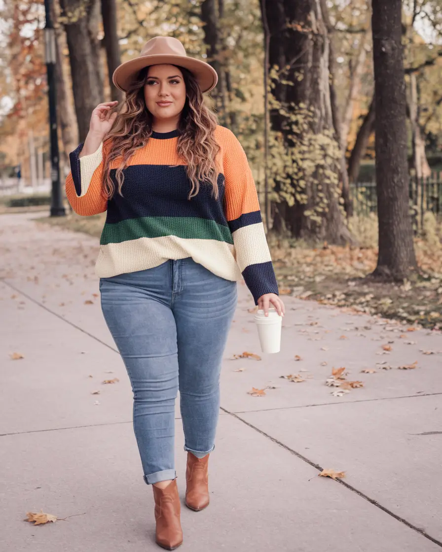 Chic Fall outfits for Curvy Women in 2025 Weekend Vibes in Stripes and Denim